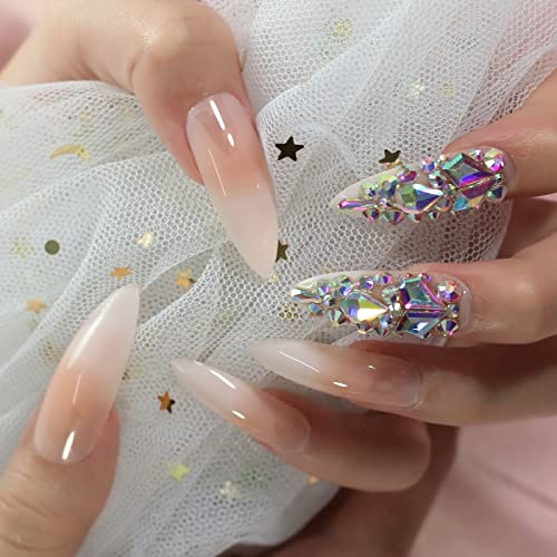 Ombre Pink Fake Press On Nails 3d Extra Long Stiletto Artificial Jewelry Full Cover False Nail With Rhinestones Luxury Bridal Wedding Professional Nail Art Salon