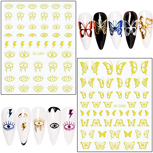 7 Sheets Gold Nail Art Stickers, Butterfly Heart Letters Numbers Stars Eyes Nail Self-Adhesive Sticker Design, 3D Gold Geometry Nail Transfer Decals for Women Girls Manicure Charms Decorations