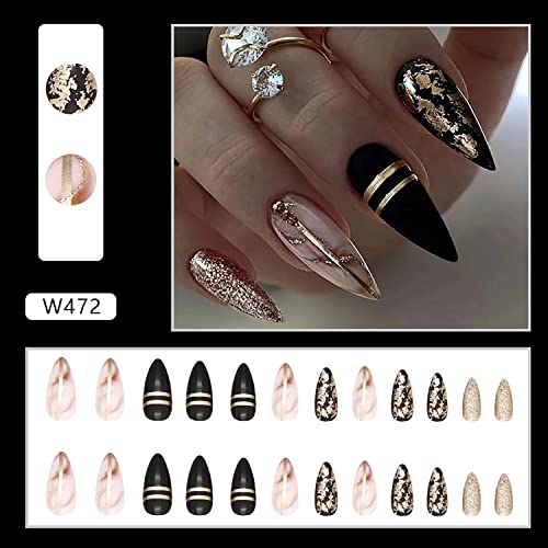 French Tip Press on Nails Almond Medium Fake Nails with Gold Line Shine Design Full Cover Reusable Black Artificial Acrylic Coffin False Nails Set Women Glue on Nails Stick on Nails for Nail Art