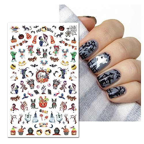 JMEOWIO 10 Sheets Halloween Nail Art Stickers Decals Self-Adhesive Pegatinas Uñas Ghost Skull Bat Horror Nail Supplies Nail Art Design Decoration Accessories