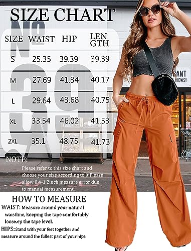 INFULEIMU Parachute Pants for Women Cargo Pants Baggy Pants Drawstring High Waist Ruched Straight Y2K Pants with Pockets Orange