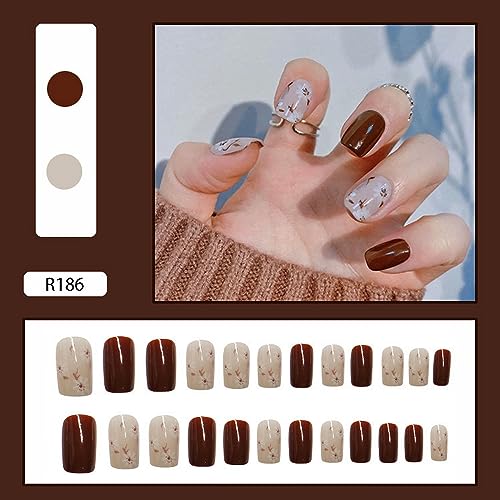 Fall Press on Nails Short Square Fake Nails Wine Red False Nails Full Cover Stick On Nails Cute Autumn Winter False Nails With Designs Acrylic Nails For Women And Girls DIY Art Manicure