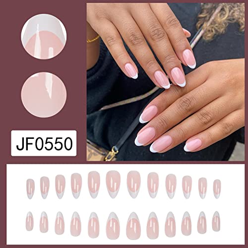 French Tip Medium Press on Nails Almond Shaped Fake Nails Nude of White Nail Tip Acrylic Nails Glossy Artificial Nails Summer Stick on Nails Full Cover Glue on Nails for Women 24Pcs