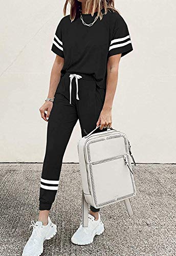 PRETTYGARDEN Women’s Summer Two Piece Outfits Striped Short Sleeve Pullover and Long Pants Tracksuit Pajama Lounge Jogging Set With Pockets (Black, Large)