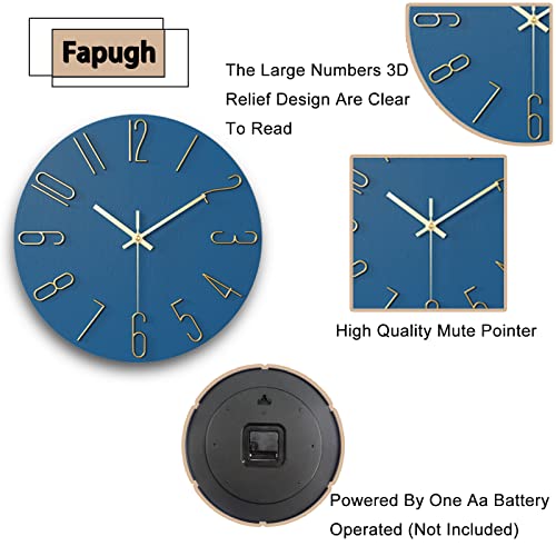 fapugh 12 Inch Wall Clock Silent Non Ticking, Preciser Modern Style Decor Clock for Home, Office, School, Kitchen, Bedroom, Living Room （Blue）