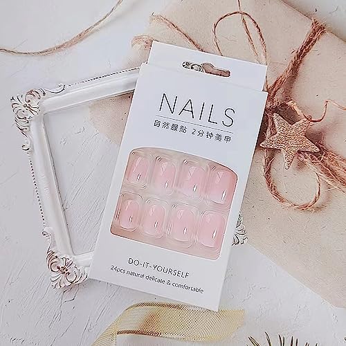 24Pcs Short Press on Nails Square Cute Fake Nails Ombre False Nails Full Cover Nails Press ons Short Nail Tips Art Kit Glossy Acrylic Nude Pink Stick on Nails Glue on Nails Manicure Decorations Set