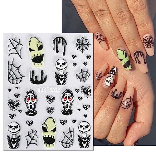 JMEOWIO 3D Embossed Halloween Nail Art Stickers Decals Self-Adhesive Pegatinas Uñas 5D Cute Pumpkin Ghost Flower Spook Nail Supplies Nail Art Design Decoration Accessories 4 Sheets