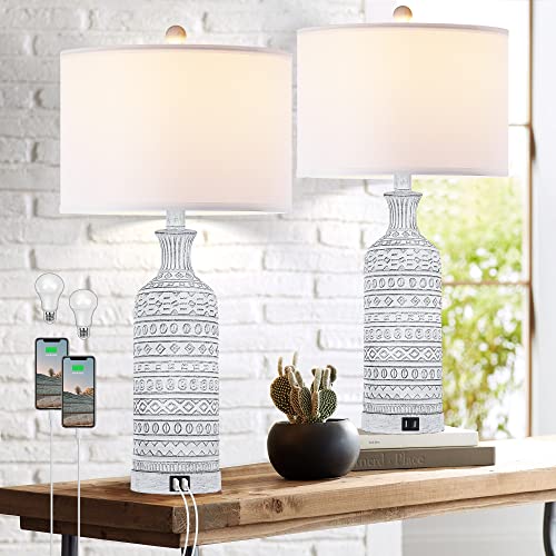 27" Modern Ceramic Table Lamp Set of 2, Farmhouse Boho Bedside Lamps with USB Ports, 3-Color Temperature Nightstand Lamp White Linen Shade for Living Room Bedroom Home Office (LED Bulbs Included)