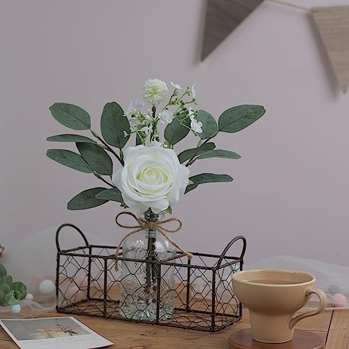 YXZZWL Faux Flowers with Bud Vase,Mini Artificial Silk Roses and Fake Eucalyptus in Glass Vase for Wedding Party Dining Table Centerpiece Decorations Office Farmhouse Home Decor (White)