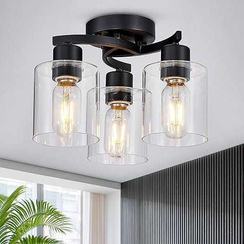 Flush Mount Ceiling Light, 3-Light Close to Ceiling Light Fixtures, Matte Black Bedroom Light Fixtures with Clear Glass Shades, Hallway Light Fixtures with E26 Socket for Kitchen Entryway Foyer