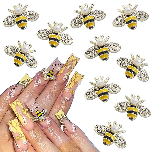 RODAKY 10 Piece 3D Bee Shape Nail Art Charms Gold Alloy Nail Jewelry for DIY Design Cute Kawaii Shiny Nail Crystal Rhinestone Crafts Decoration Nail Accessories for Women and Girls