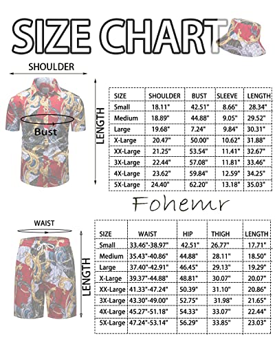 fohemr Mens Luxury Outfit Set Black Gold Shirts and Shorts 2 Piece Chain Print Set Baroque Button Down Suit with Bucket Hats 4X-Large