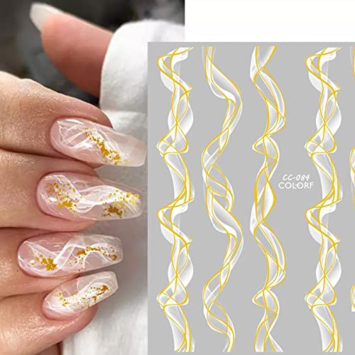 12 Sheets Nail Art Stickers Decals White Black Gold Stripe Line Nail Decals Self-Adhesive Marble Wave Nail Art Supplies for Nail DIY Decoration 3D Nail Accessories for Women French Nail Design