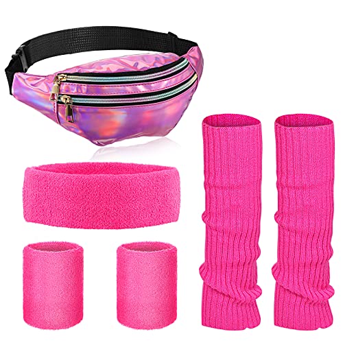 SATINIOR 80s Women Leg Warmers Set Neon Holographic Fanny Pack Knit Leg Warmers Headband Wristbands for Yoga Running Hiking Traveling (Pink, Rose Red)