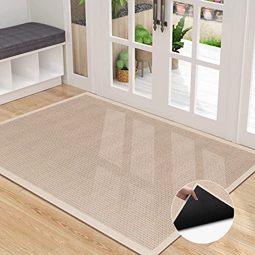 Indoor Door Mat Rug Non Slip, Washable Entry Way Rug, Long Outdoor Waterproof, Entryway Front Rubber Entrance, Low Profile Doormat Beige