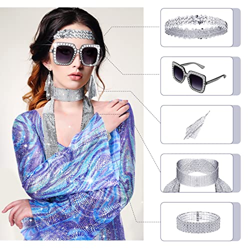 6 Pcs 70s Women Disco Outfit Set Disco Costume Dress Jumpsuit Jewelry Headband Bracelet Necklace Earring Glasses (X-Large)