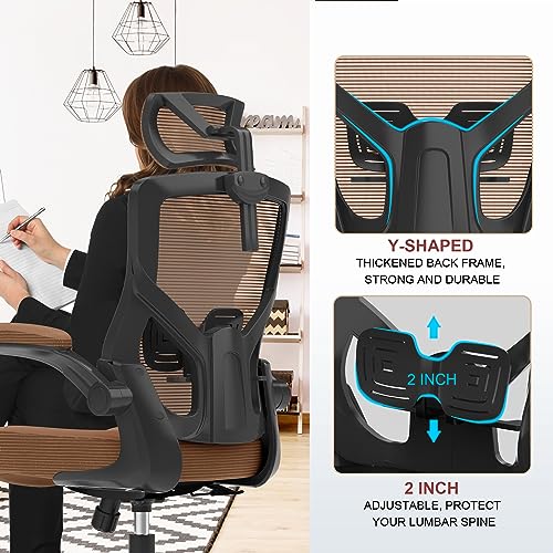 𝑯𝑶𝑴𝑬 𝑶𝑭𝑭𝑰𝑪𝑬 𝑪𝑯𝑨𝑰𝑹, Ergonomic Mesh Desk Chair, High Back Computer Chair- Adjustable Headrest with Flip-Up Arms, Lumbar Support, Swivel Executive Task Chair (Mummy Brown, Modern)