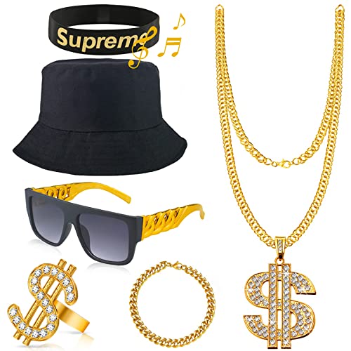 Ruicnte 80s 90s Hip Hop Costumes Outfit,6PC Old School Rapper Cosplay Themed Party Outfits Accessories,Fake Gold Money Chain,Dollar Sign Finger Ring for Men Boy,Punk Sunglasses