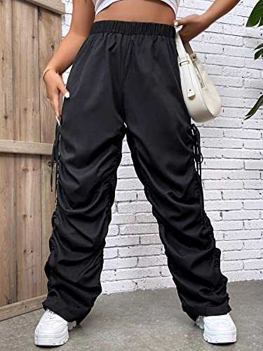 MakeMeChic Women's Plus Size Elastic High Waist Drawstring Side Cargo Pants Ruched Stacked Pants Black 3XL