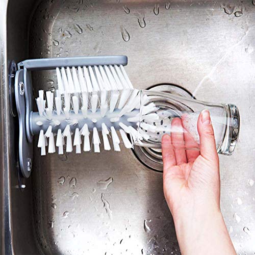 Water Bottle Cleaning Brush Glass Cup Washer with Suction Base Bristle Brush for Beer Cup, Long Leg Cup, Red Wine Glass and More Bar Kitchen Sink Home Tools Grey