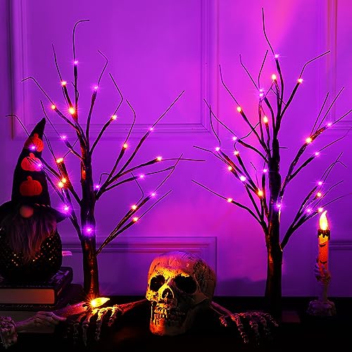 Efunly 2 Pack 24 Inch Halloween Black Spooky Tree with Orange & Purple Lights, USB&Battery Operated Tabletop Halloween Black Tree with Timer for Halloween Decorations Indoor Home Holiday Party