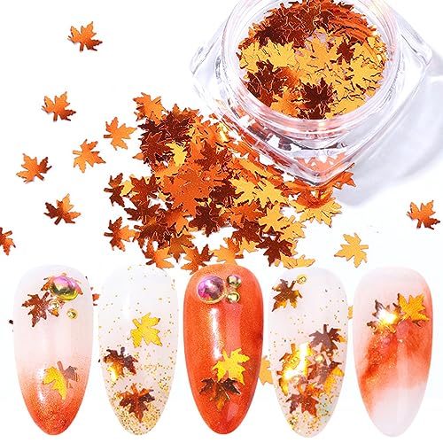 Maple Leaf Nail Glitter Sequins 3D Holographic Fall Leaves Nail Art Flakes 4 Colors Laser Autumn Leaf Nail Sequins Decals for Acrylic Nails Decorations DIY Crafts (Gold Red Brown Orange)