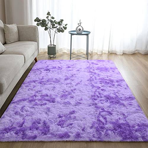 DweIke Large Fluffy Area Rugs for Bedroom Living Room, 6x9 Feet Indoor Carpets for Boys Girls Teenagers and Adults, Tie-Dyed Fuzzy Rugs, Super Soft Kids' Rugs, Nursery Decor Rugs, Purple