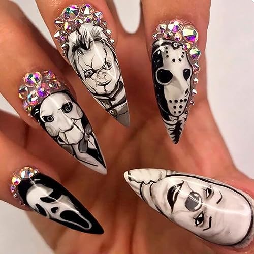 24Pcs Halloween Press on Nails Pointed Long Length, Acrylic False Nails with Ghost Clown Designs, Artificial Fake Nails for Day of The Dead, Holiday Fingernails False Glue Nails for Women