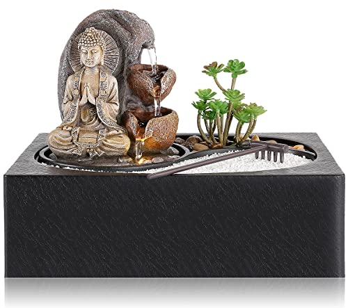 Tabletop Fountain Indoor, WICHEMI Tabletop Waterfall of Zen Garden Buddha Mini Waterfall with LED Warm Light for Office Home and Bedroom Desktop Decor