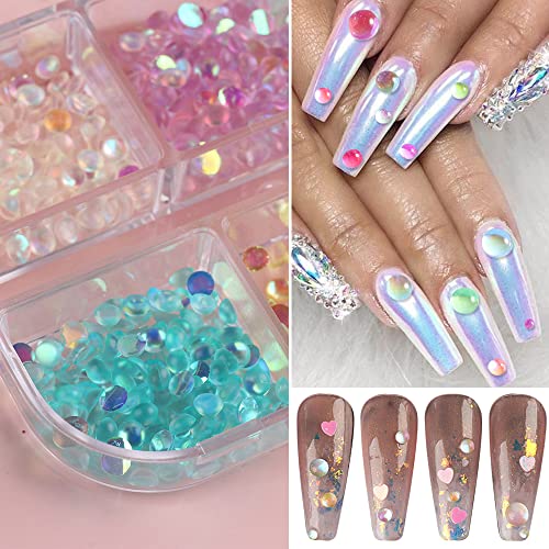 Aurora Mermaid 3D Bubble Beads Nail Charms Jewelry,6 Grids Mixed Color Crystal Gems Nail Art Decoration Acrylic Nails Flatback Rhinestones for Nails DIY Accessories Nail Supplies