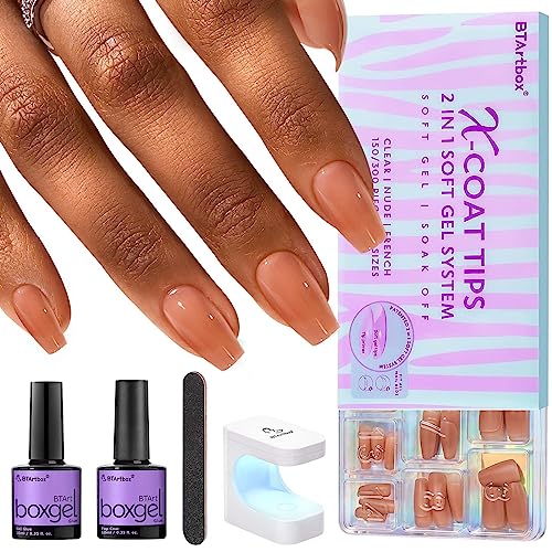 Gel Nail Kit - BTArtbox Soft Gel Nail Tips and Glue Gel Kit, 2 in 1 X-coat Tips with Tip Primer Base, 150pcs Short Coffin Nail Tips Fake Nails with Gel Nail Glue Top Coat Nail Extension Kit, Brown