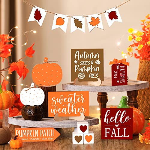 15 Pcs Fall Tiered Tray Decor Set Hello Fall Decor Autumn Wood Signs Thanksgiving Orange Brown Table Signs Wooden Maple Pumpkin Garland Football for Festival (Autumn)