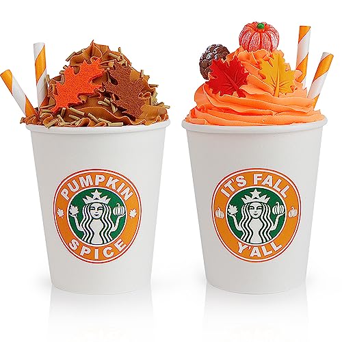 AKEROCK Fall Decor, 2 PCS Paper Cups Filled with Artificial Whipped Cream for Table, Tiered Tray, Coffee Bar - Fall Signs for Home Decor