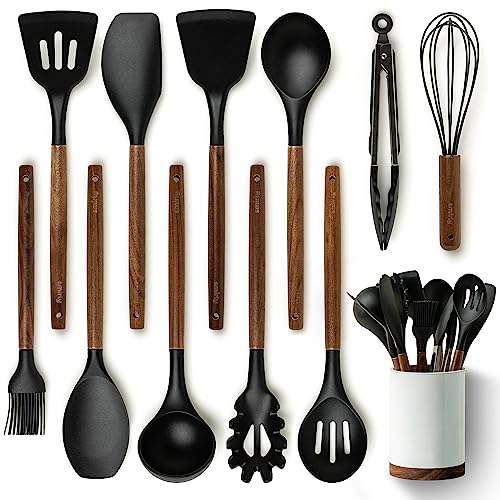 Silicone Kitchen Utensils Set & Holder for New Home & 1st Apartment Kitchen Essentials Set - Spatula, Cooking Spoons for Nonstick Cookware