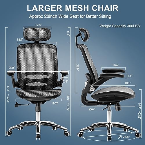 Ergonomic Mesh Office Chair - High Back Mesh Desk Chair with 2D Headrest, Flip-up Armrests, 135°Tilt Function, Comfort Wide Mesh Seat, Swivel Mesh Gaming Chair for Home 350LB