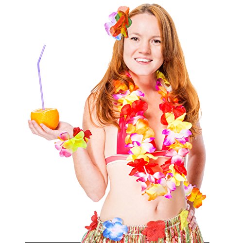 Gejoy 7 Pieces Hawaiian Luau Hula Grass Skirt with Large Flower Costume Set Girl's Flower Bracelets Headband Necklace Hibiscus Hair Clip for Dance Performance Party Decorations Favors Supplies