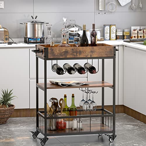 soges Mobile Bar Cart, Kitchen Serving Cart, Outdoors Party Serving Bar Trolley, Rolling Wine Cart with Bottle Glasses Holders, Kitchen Cart with Removable Storage Tray