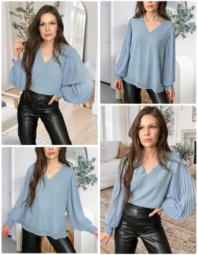 Work Blouses for Women Office V Neck Chiffon Pleated Balloon Long Sleeve Shirts Elegant Dressy Business Casual Tops Professional Wear Outfits Fall Fashion 2023 Grey Blue