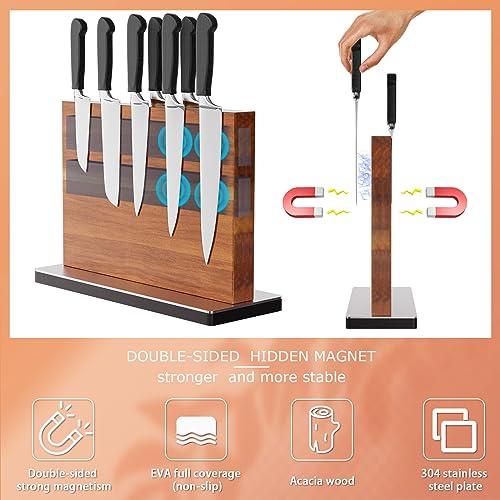 Yirilan Magnetic Knife Block, Double Sided Magnetic Knife Holder, Acacia Wood Home Kitchen Magnetic Knife Stand - Large size