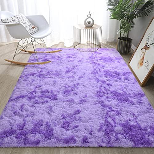 DweIke Large Fluffy Area Rugs for Bedroom Living Room, 6x9 Feet Indoor Carpets for Boys Girls Teenagers and Adults, Tie-Dyed Fuzzy Rugs, Super Soft Kids' Rugs, Nursery Decor Rugs, Purple