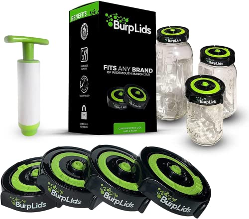 Plastic Burp Lids Curing Kit - Fits All Wide Mouth Mason Jar Containers - Home Harvesting Essentials Includes 4 Lids with Extraction Pump - Vacuum Sealed for successful Cure