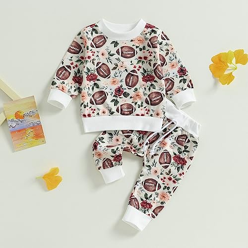 Toddler Baby 2PC Outfit Football Print Long Sleeve Tops Flower Pants Set for Infant Girls Boy Fall Clothes (Rugby&Flower, 0-6 Months)