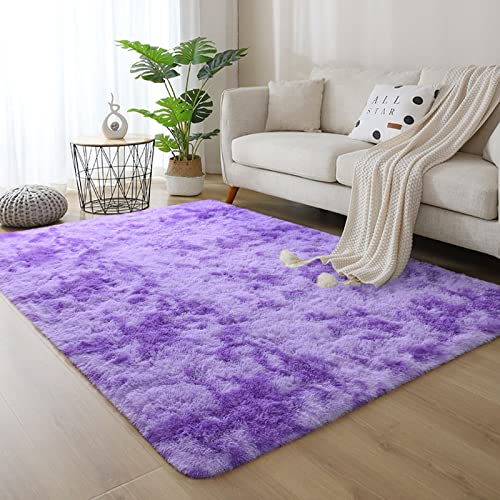 DweIke Large Fluffy Area Rugs for Bedroom Living Room, 6x9 Feet Indoor Carpets for Boys Girls Teenagers and Adults, Tie-Dyed Fuzzy Rugs, Super Soft Kids' Rugs, Nursery Decor Rugs, Purple