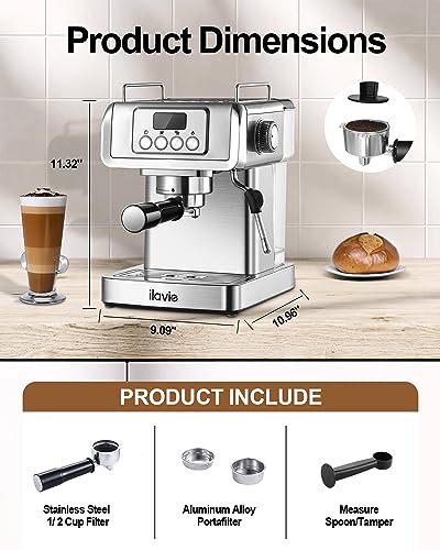 ILAVIE 20 Bar Espresso Machine, Stainless Steel Espresso Coffee Machine for Cappuccino, Latte, Espresso Maker for Home, Automatic Espresso Machine with Milk Steamer, 1.8L Water Tank, 1350W