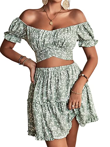 LYANER Women's 2 Piece Outfits Floral Off Shoulder Tie Up Crop Top and Mini Skirt Set Green Large