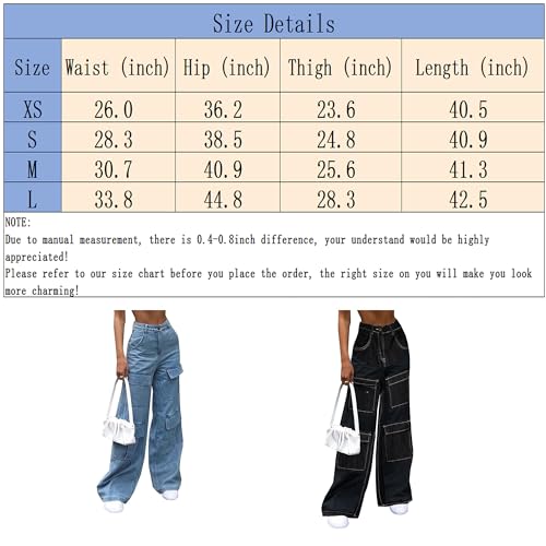 Women's High Waist Baggy Jeans Flap Pocket Relaxed Fit Straight Wide Leg Y2K Fashion Cargo Jeans Blue