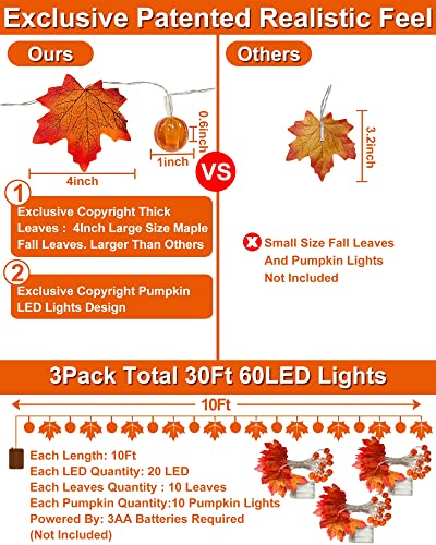 3 Pack Fall Garland with Pumpkin Lights & Enlarged Maple Fall String Lights Pumpkins Lights, 30Ft 60LED Waterproof Battery Operated Fall Decorations Home Indoor Outdoor Thanksgiving Halloween Decor