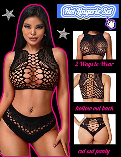 Avidlove Lingerie for Women Sexy Fishnet Lingerie Two Piece Lingerie Fishnet Outfit Stripper Outfit Black Lingerie Sets