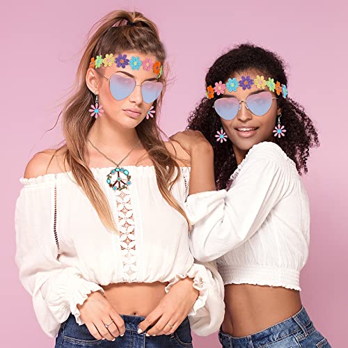 4 Pcs Hippie Costume Accessories Set 70s Peace Sign 60s Outfits for Women Necklace Daisy Earrings Flower Headband Sunglasses (Rainbow Style)