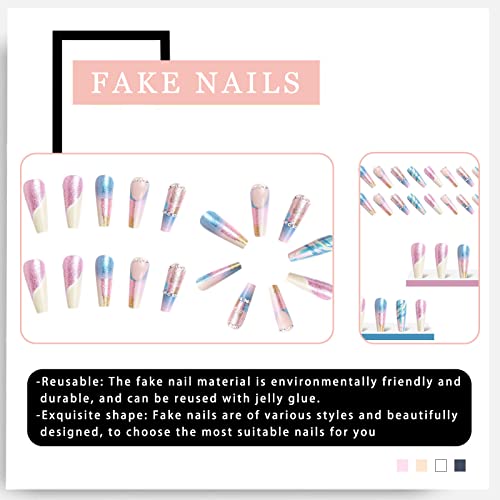 Extra Long Press on Nails Coffin Fake Nails Full Cover False Nails with Colorful Sequins Designs Acrylic Stick on Nails Rhinestones Matte with Glue on Nails for Women 24Pcs